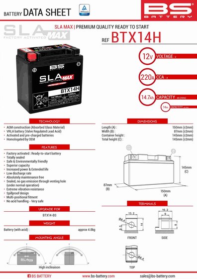 300887 BS BATTERY btx14h sla max battery