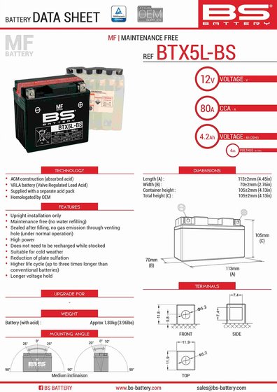 BS BATTERY btx5l-bs (ytx5l-bs) battery