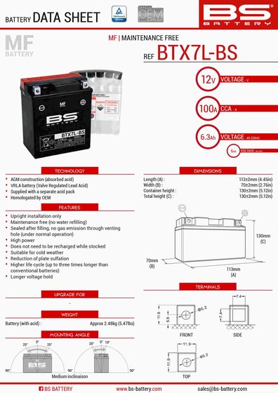 BS BATTERY btx7l-bs (ytx7l-bs) battery