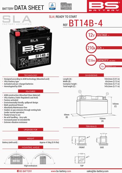 300644 BS BATTERY bt14b-4 sla 12v 210 a battery