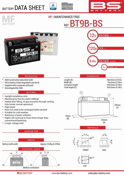 BS BATTERY bt9b-bs (yt9b-bs) battery