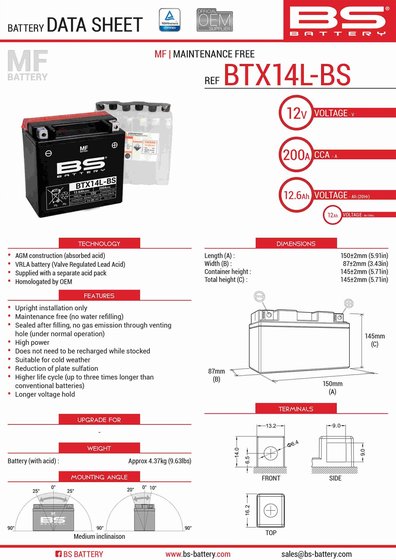 BS BATTERY btx14l-bs (ytx14l-bs) battery