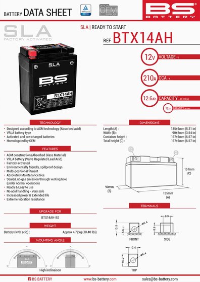 300758 BS BATTERY btx14ah sla 12v 210 a battery