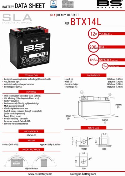 300760 BS BATTERY btx14l sla battery