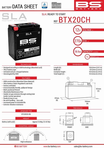 300766 BS BATTERY btx20ch sla 12v 270 a battery