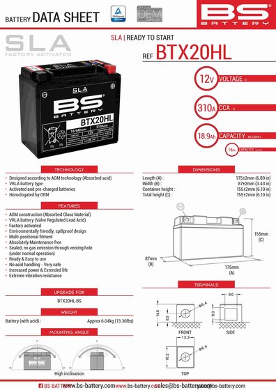 300689 BS BATTERY btx20hl sla battery