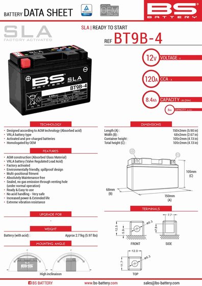 300642 BS BATTERY bt9b-4 sla 12v 120 a battery