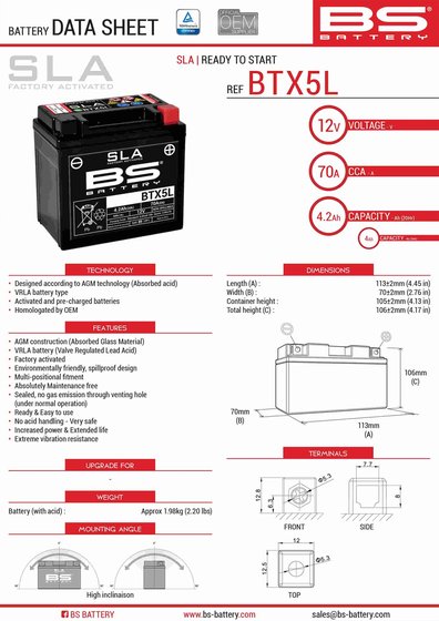 300670 BS BATTERY btx5l/btz6s battery