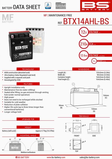 300607 BS BATTERY btx14ahl-bs battery