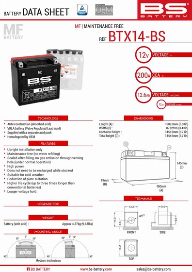 BS BATTERY btx14-bs (ytx14-bs) akumuliatorius