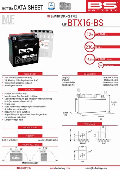 BS BATTERY btx16-bs (ytx16-bs) akumuliatorius