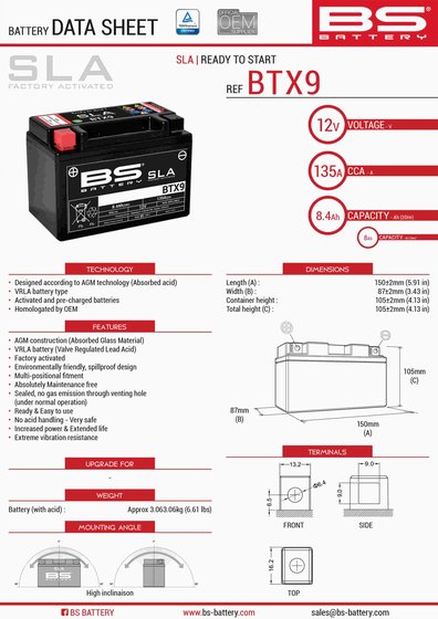 300674 BS BATTERY btx9 sla 12v 135 a battery